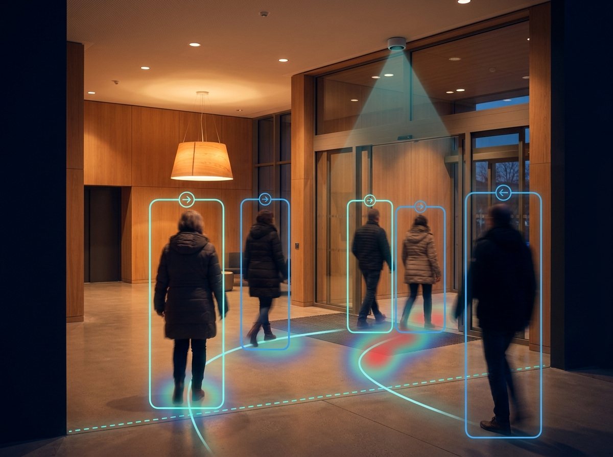 Visitors entering the foyer of a public building, each tracked anonymously by an overhead counting sensor with a marked counting line across the entry.