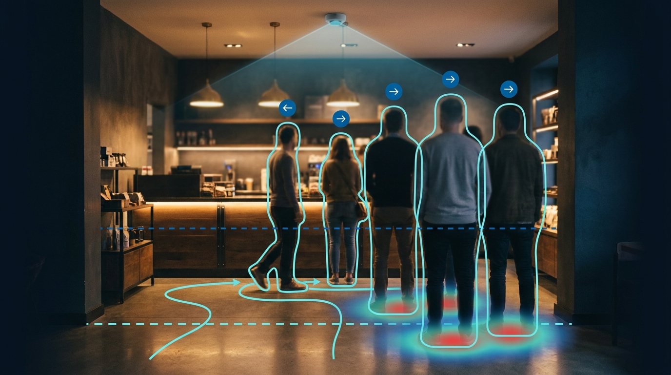 Customers waiting at a service counter, each outlined by the counting system, with a marked queue zone on the floor and an overhead sensor covering the area.